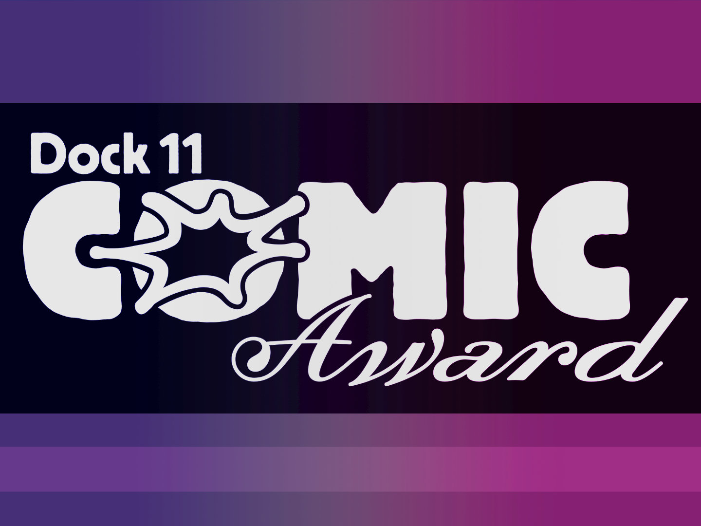 Auf violettem Verlauf steht der Schriftzug „Dock 11 Comic Award“ in Weiß, mit großer Comic-Schrift und geschwungener Awardschrift darunter.